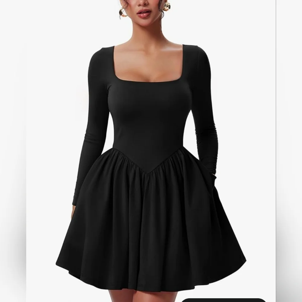 YMDUCH Women's Casual Long Sleeve Square Neck Back Belt A Line Ruffle Mini Dress